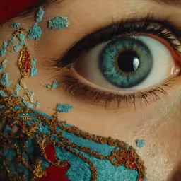 an eye looking down with a painting all over it