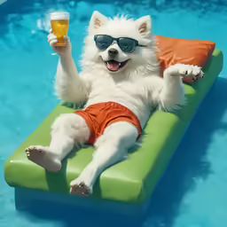 a white dog with sunglasses and red shorts drinking beer on a couch