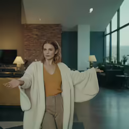 a woman standing in a lobby with her hands spread wide