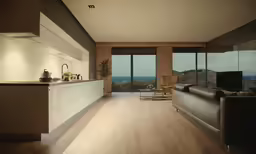 living room with wood floor and large window overlooking ocean