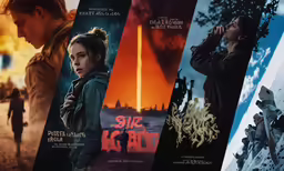 four movie posters with a variety of movie characters in different directions