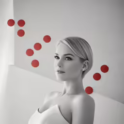 woman in white and red is wearing head wraps and pearls