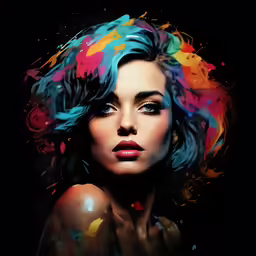 an artistic and colorful painting of a woman with black background