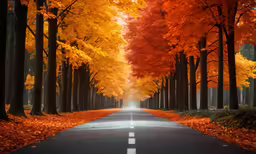 a street that has some trees lined with autumn leaves