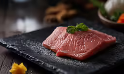 a black plate holds a piece of fish