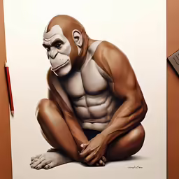 the drawing of a gorilla sits on a desk next to a red pen