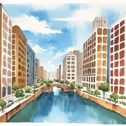 some buildings buildings trees and a river