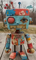 an old metal robot with painted face and legs on a wood deck