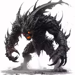 a demonic creature with large horns and yellow eyes