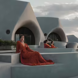 a woman in an orange dress on the steps