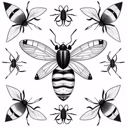 six bees in four different poses and two are facing each other,a drawing of several bees with striped black stripes on their chest and head