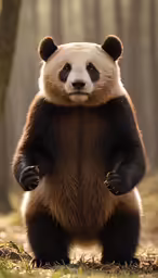 a panda stands in the forest and looks straight ahead