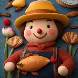 a colorful doll of a girl with a fish, bread, and nuts