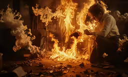 a man kneeling down over a fire with burning cigarettes