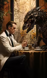 a man with glasses is sitting at a table with a giant dragon model