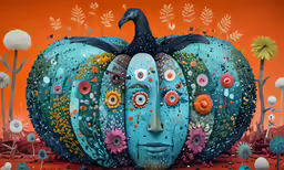 a painting of a bird sitting on top of a pumpkin