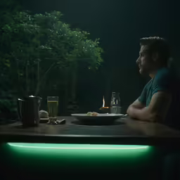 a man sitting at a table with a plate of food in front of him