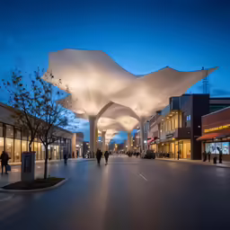 several people walking down the street at twilight