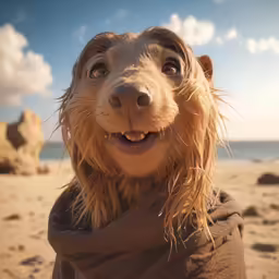 a brown dog with a scarves on at the beach