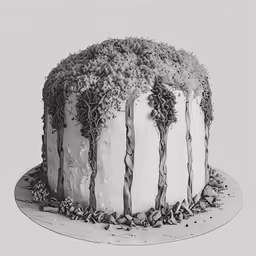 black and white image of a cake with candles on it