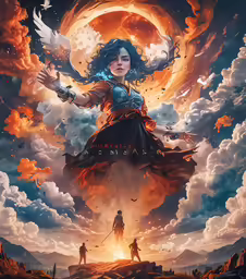 a young woman flying through the air next to a giant fire ball