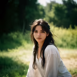 the young woman is posing for a photo outdoors