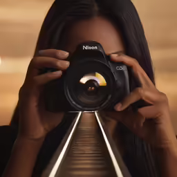 a woman holding a camera taking a photo on the tracks