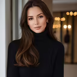 a woman is wearing a black sweater posing for the camera
