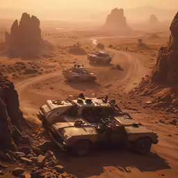 a couple of tanks driving through the desert