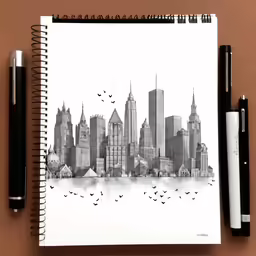 a drawing of a city is next to some fountain pens