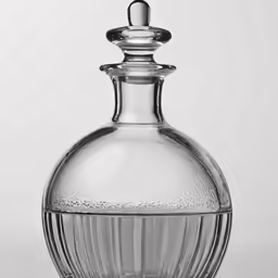 a clear glass oil bottle with a silver stopper