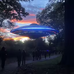 a group of people walk down a path with an illuminated spaceship in the sky,people walking towards the blue spaceship in a park