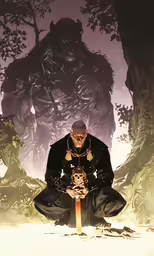 a man sitting on a tree next to some big trees