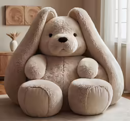 a stuffed bunny is sitting in a large chair