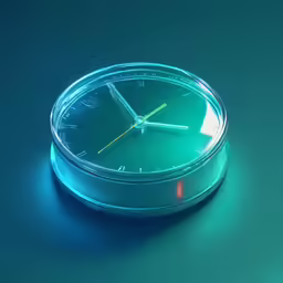 a blue clock with yellow hands on a green table