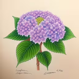 a painting of a flower on paper, with leaves and watercolor,a colorful watercolor drawing of a purple flower
