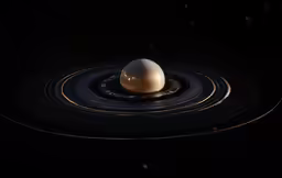 a space shuttle is flying by some rings