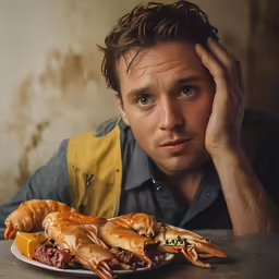 the man sits in front of a plate with baked goods on it