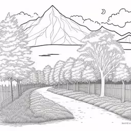 drawing of a forest with mountains and hills in the background,a cartoon scene with a small road and mountains