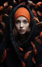 a woman is surrounded by orange fish