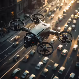 a large white and black flying machine in the air