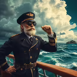 a man in military clothing on a boat waves while wearing sunglasses and holding his arms up