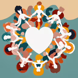 a heart surrounded by people on circles,abstract art with different color and shape groups