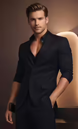 the man in black suit stands against a brown background