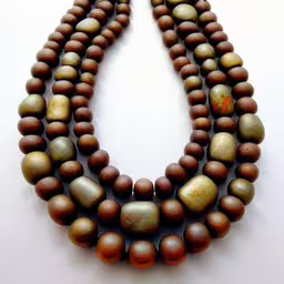 a multi stranded necklace with two brown beads,a bead with brown stones on top of it,a necklace made from wooden beads with multi colored designs,a brown beads necklace with red and brown rocks,this long strand of brown and green beads is on display