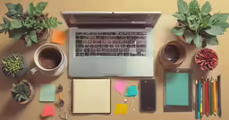 a cup and some pens a laptop and other items