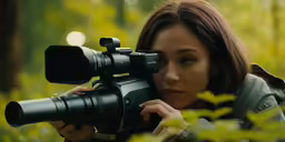 a woman holding onto a camera in the woods