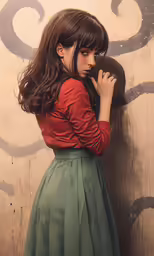 a girl wearing a green skirt standing by a wall