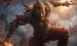 the character from a war - role game, thor standing with fire