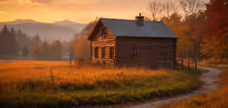 a cabin sits on the edge of a grassy field,a house that is in the middle of the field